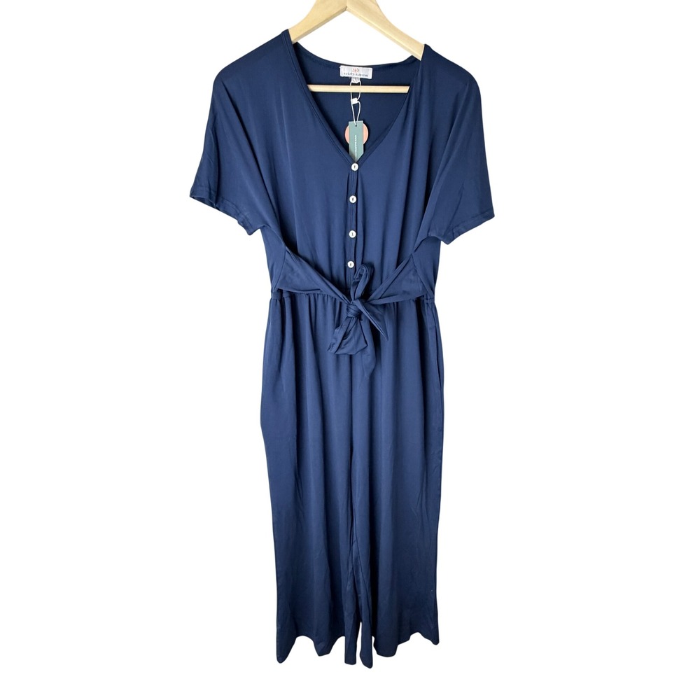 Boho Wide Leg Jumpsuit Womens Large Blue Flowy Button Front Tie Waist